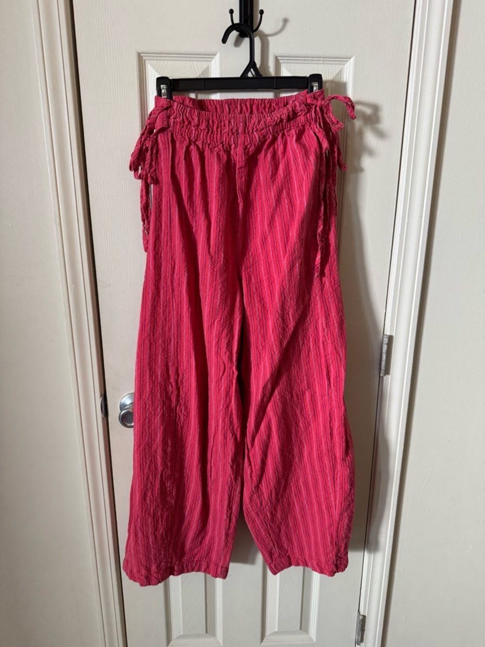 Free People Movement Sun Dazed Cotton Linen Striped Pants XL Cherry Red Wide Leg